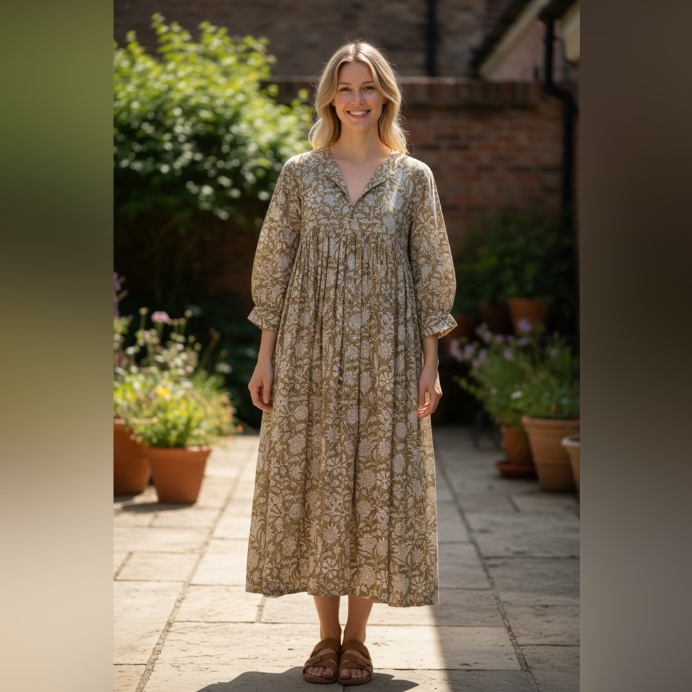 Floral olive/brown Midi Dress